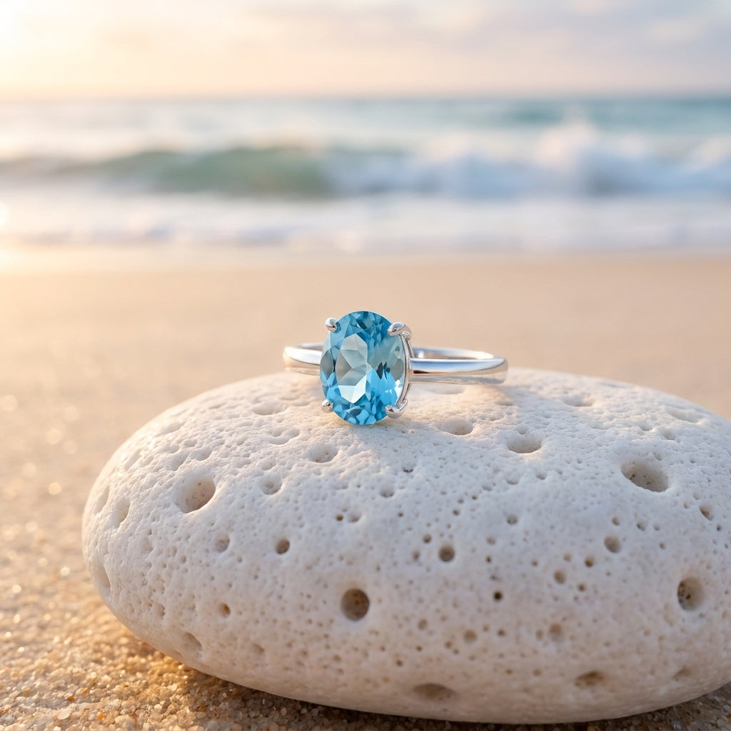 Reef & Stone Ocean Blue Ring - blue topaz sterling silver ring on Australian beach