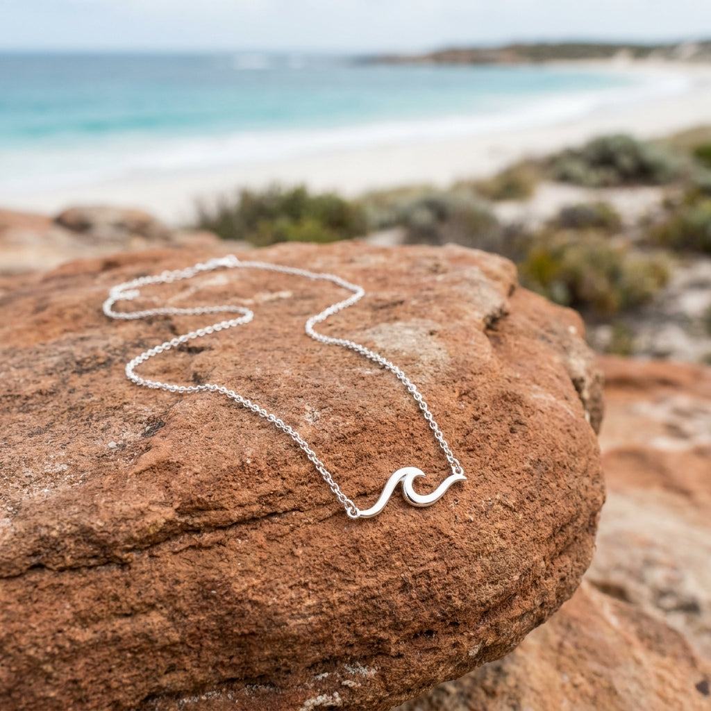 Reef & Stone Shore Line Necklace - sterling silver wave pendant on Australian sandstone